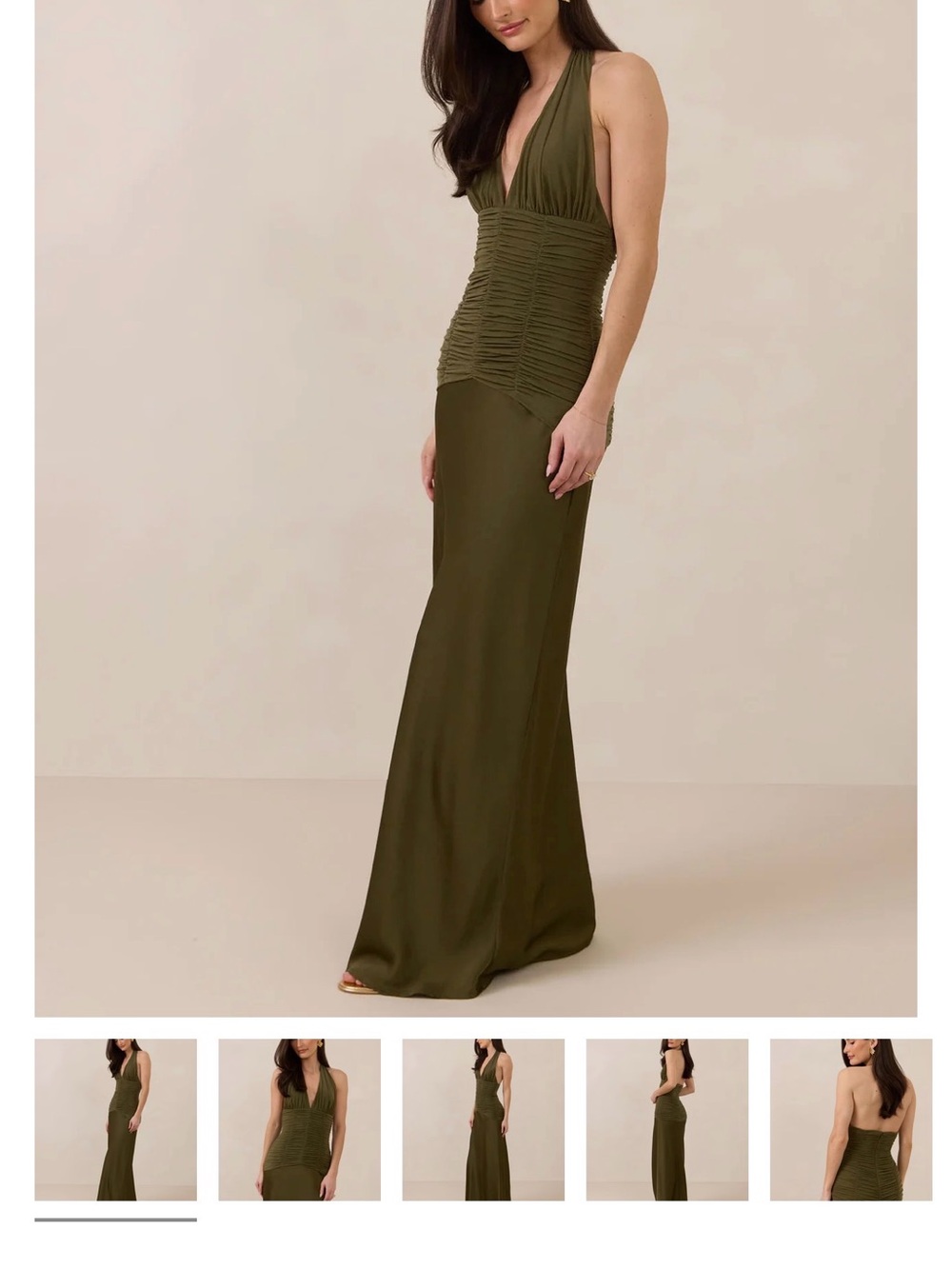 Park and Fifth Monroe Moss Satin Halter Ruched Maxi Dress